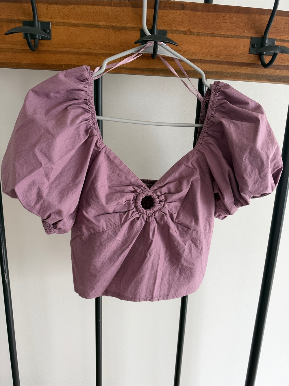 Puff Sleeve Crop Top with Front Ring in Dusty Mauve-Small